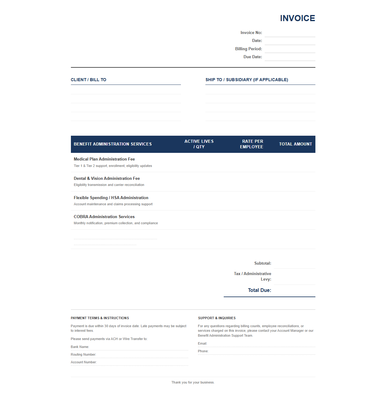 Monthly Employee Benefit Management Invoice
