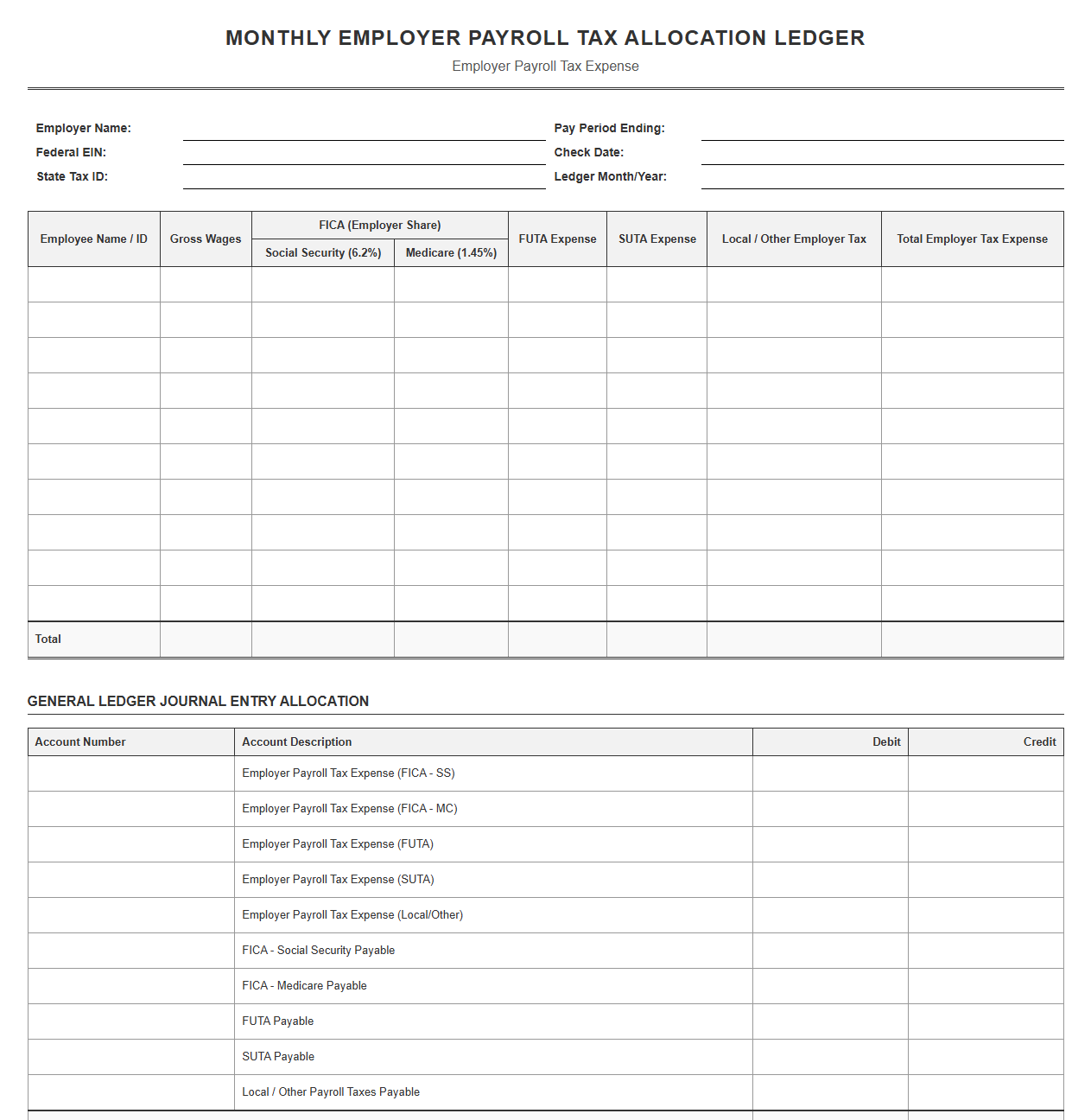 Monthly Employer Payroll Tax Allocation Ledger