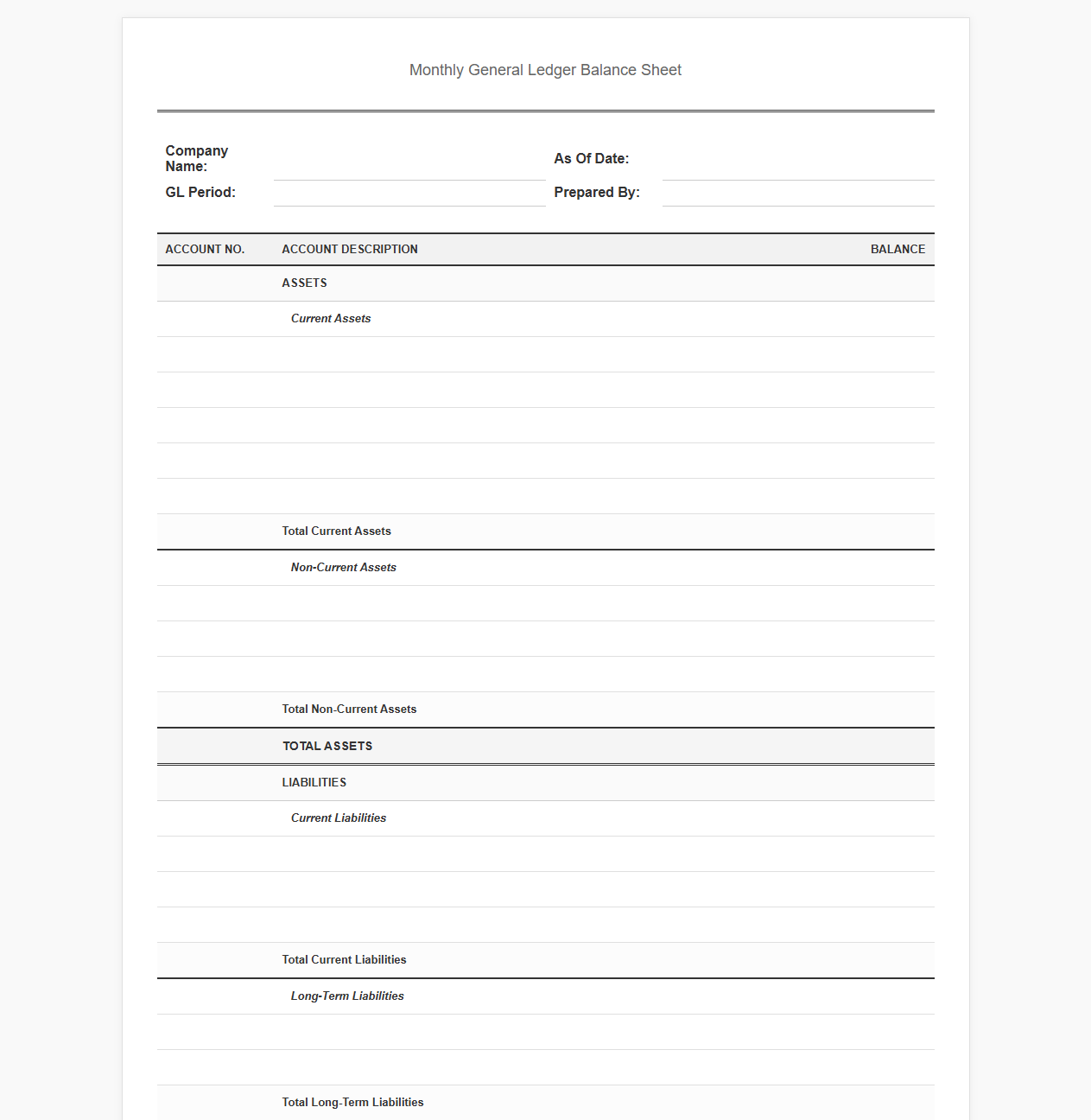 Monthly General Ledger Balance Sheet Template