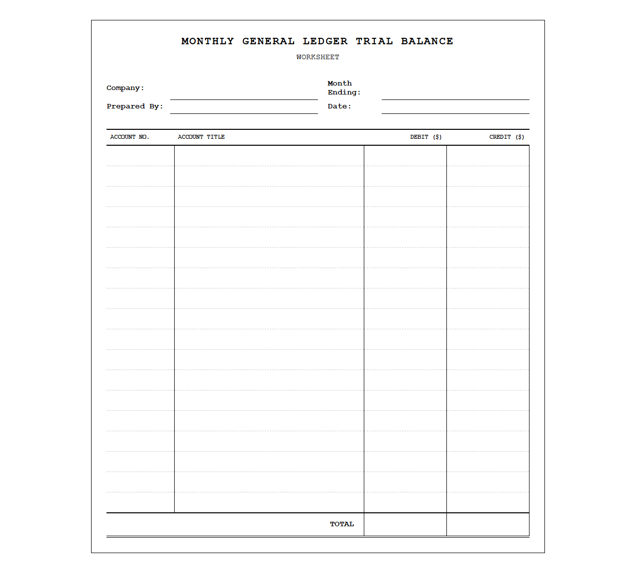 Monthly General Ledger Trial Balance Worksheet
