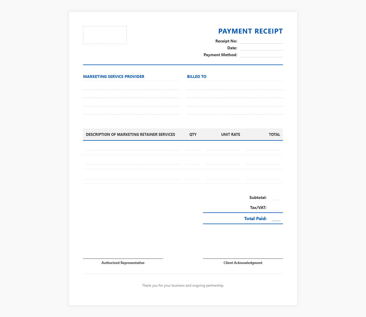 Monthly Marketing Retainer Payment Receipt