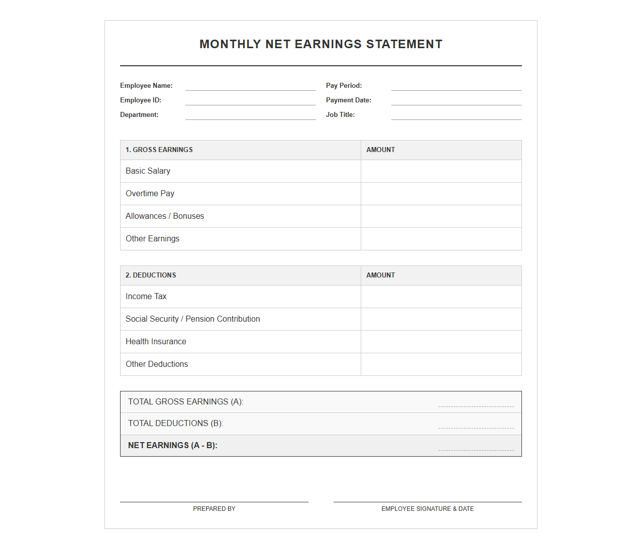 Monthly Net Earnings Statement Form