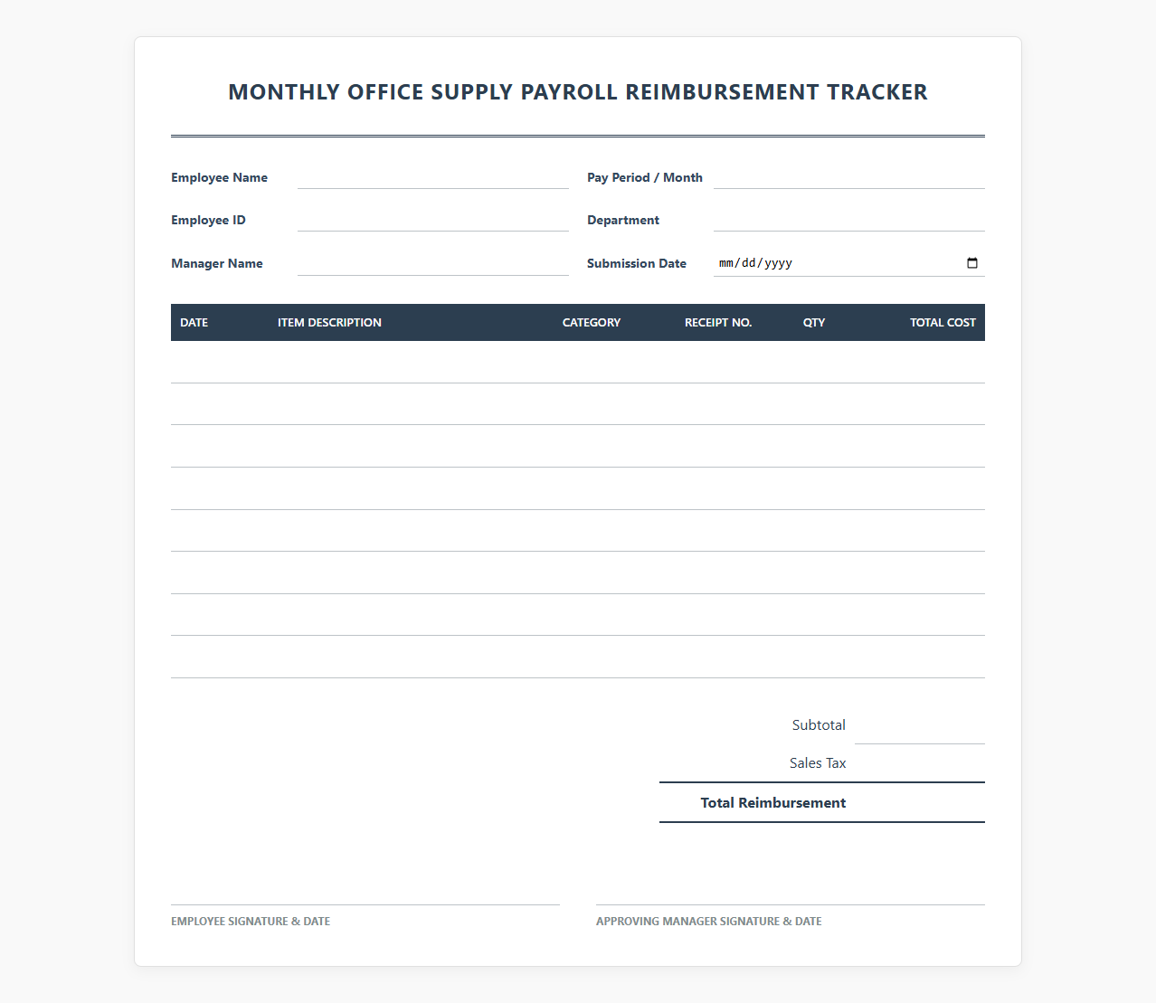 Monthly Office Supply Payroll Reimbursement Tracker