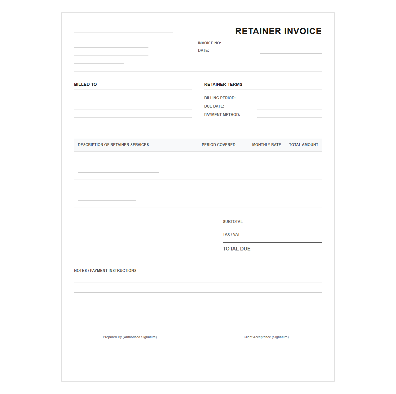 Monthly Retainer Fee Invoice Template