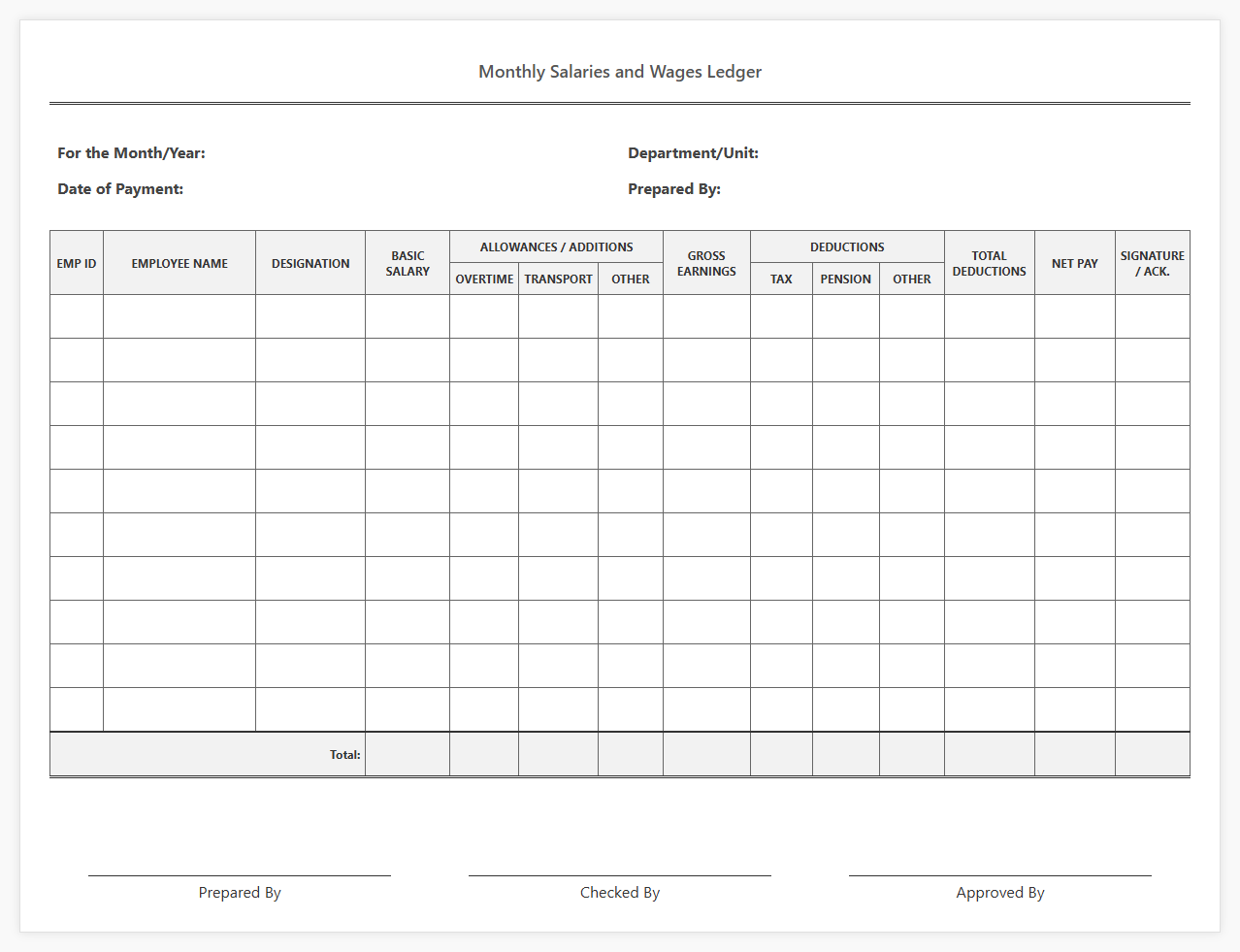Monthly Salaries and Wages Ledger Worksheet