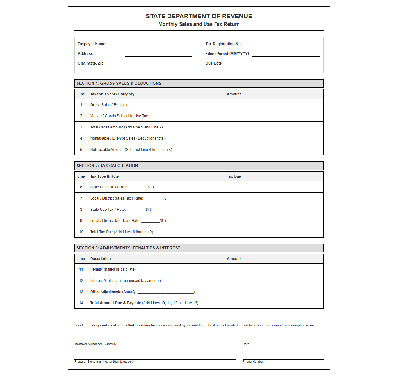 Monthly Sales and Use Tax Filing Form