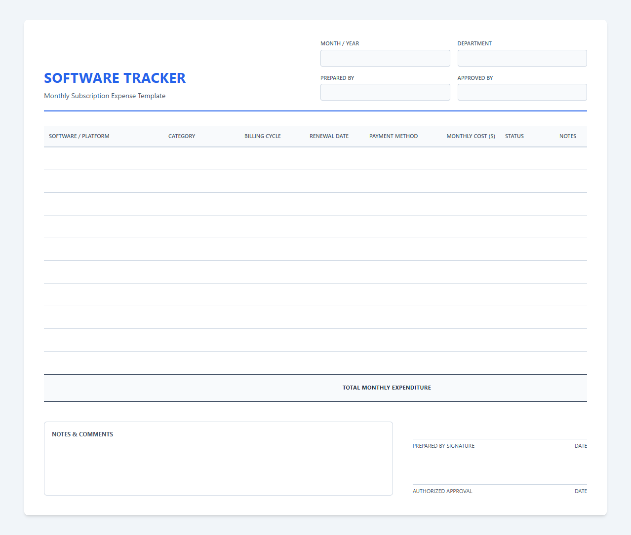 Monthly Software Subscription Expense Tracker