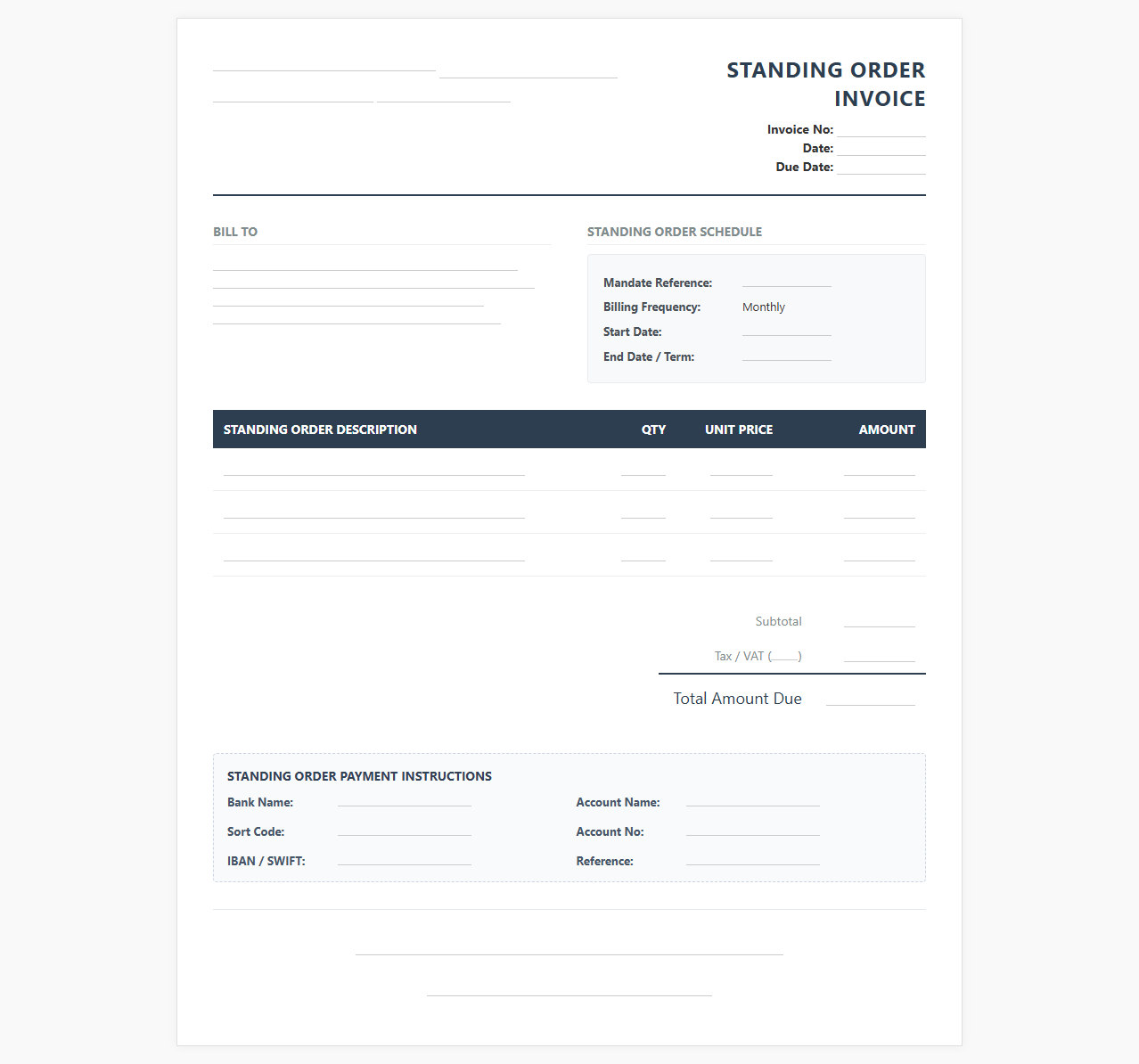Monthly Standing Order Billing Template