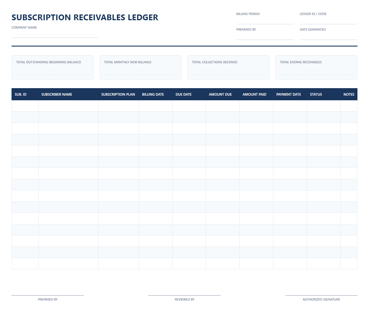 Monthly Subscription Receivables Ledger Template