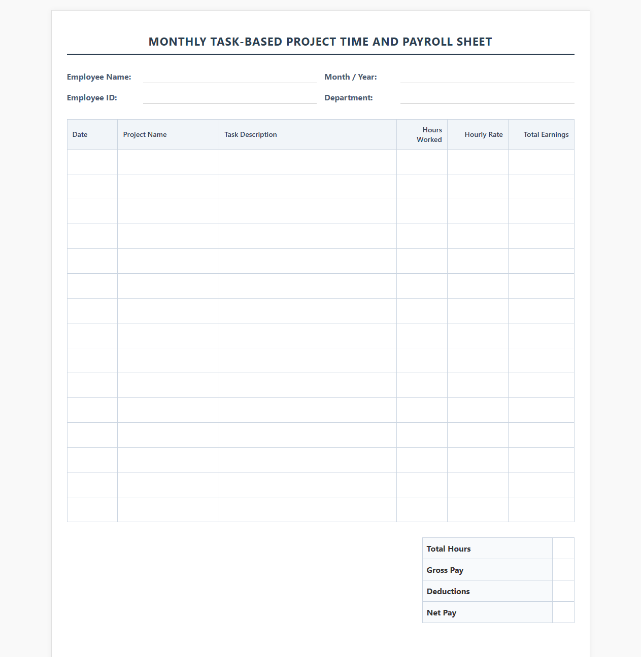 Monthly Task-Based Project Time and Payroll Sheet
