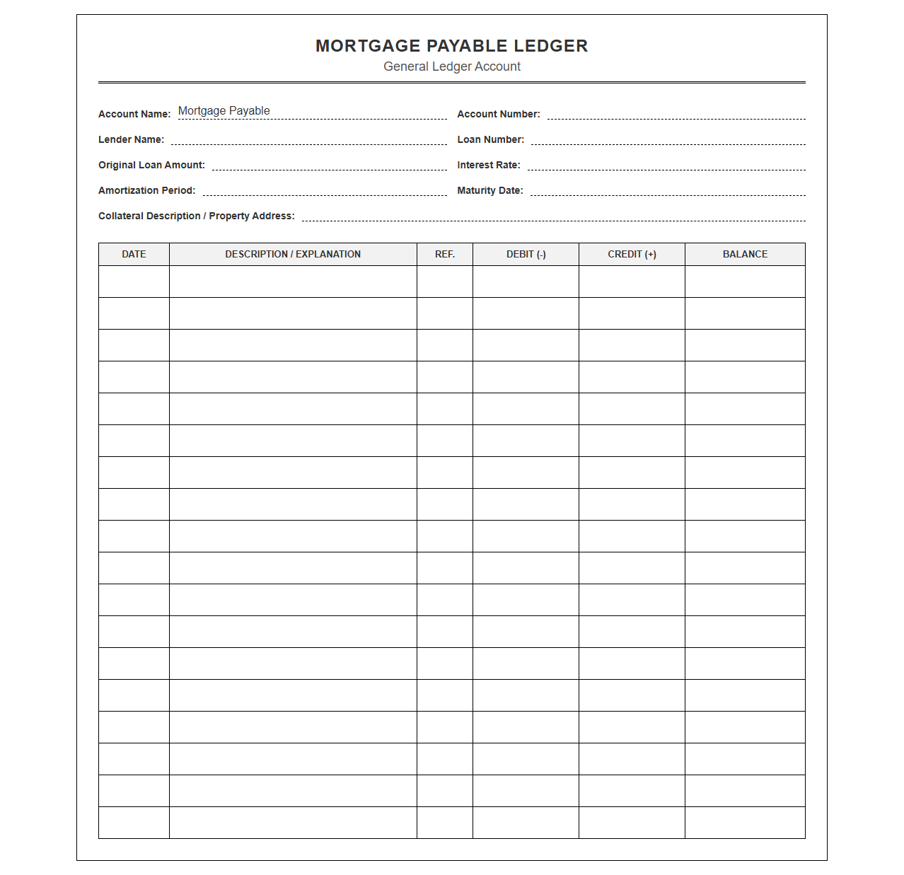 Mortgage Payable Ledger Sheet