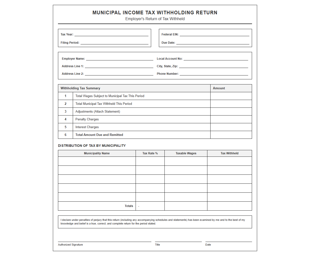 Municipal Income Tax Withholding Return Sheet