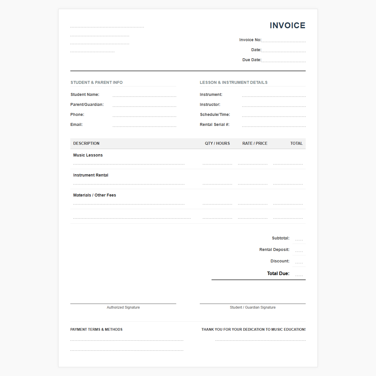 Music Lesson and Instrument Rental Invoice