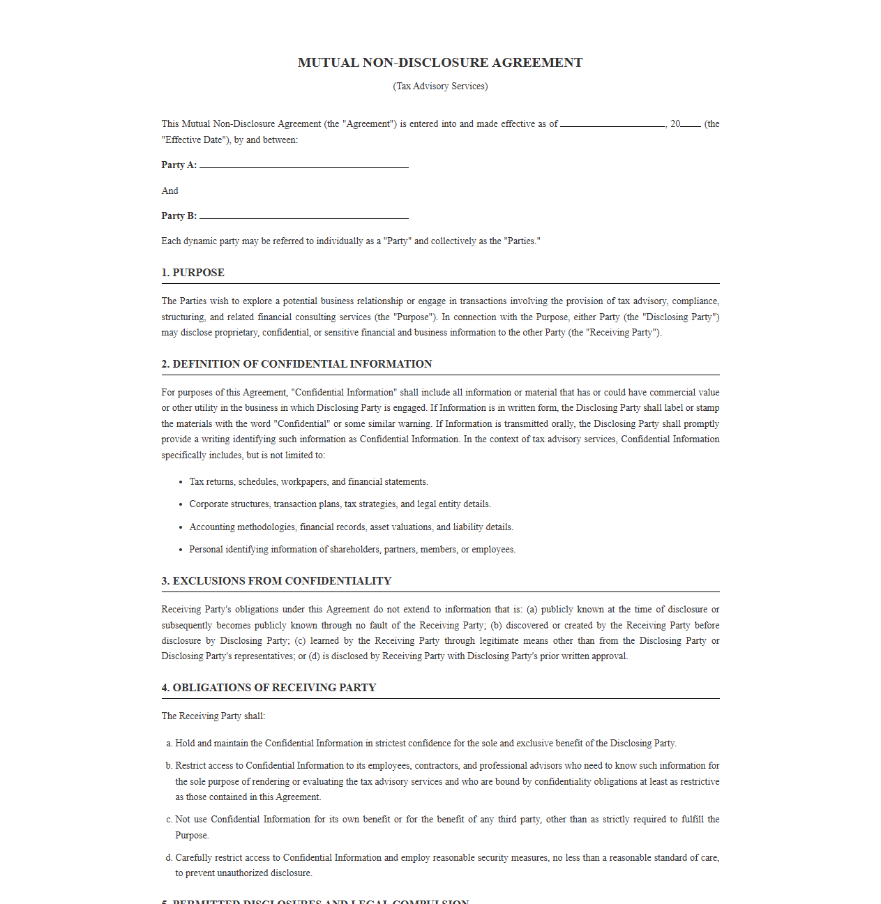 Mutual Non-Disclosure Agreement for Tax Advisory