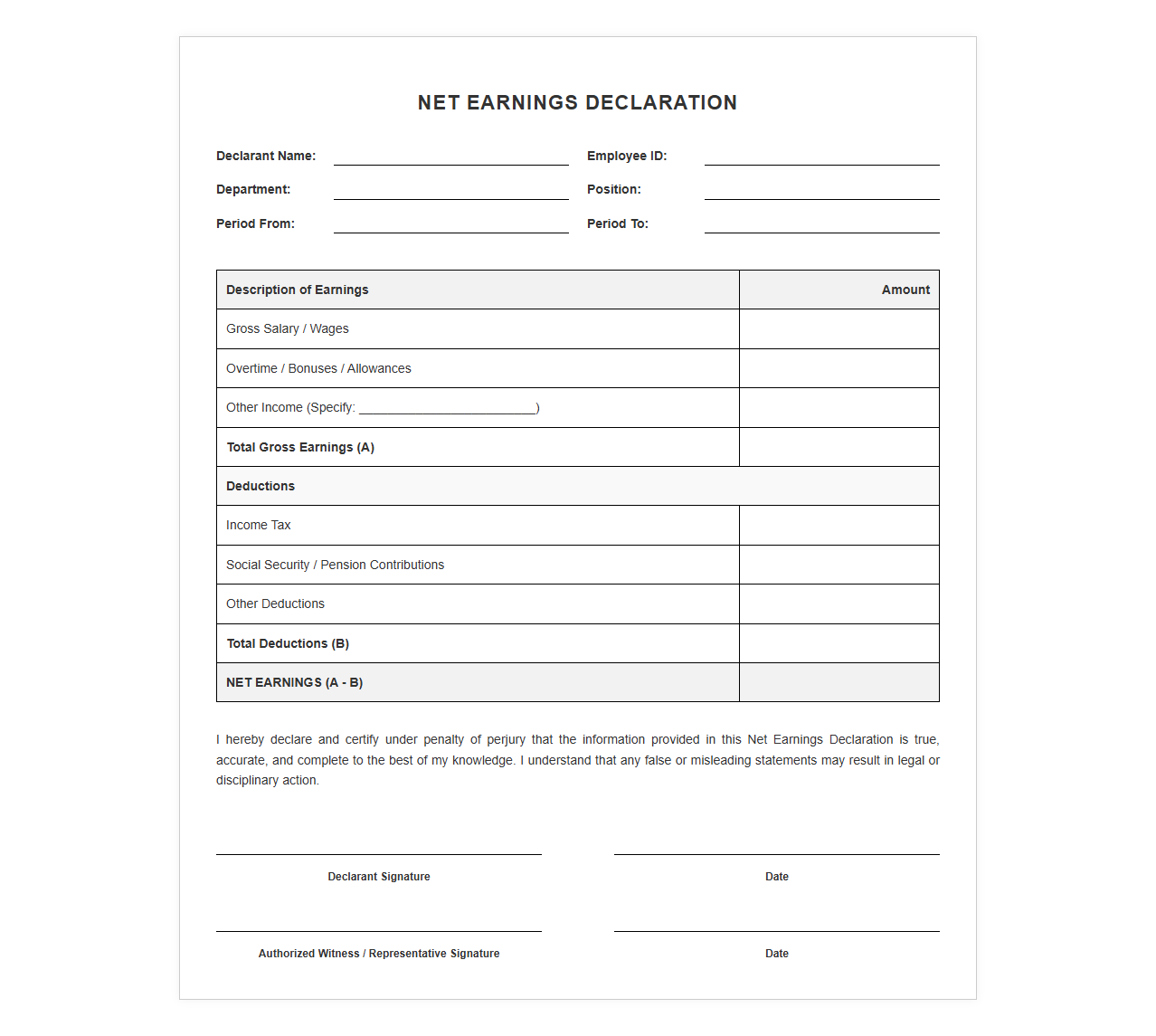 Net Earnings Declaration Template