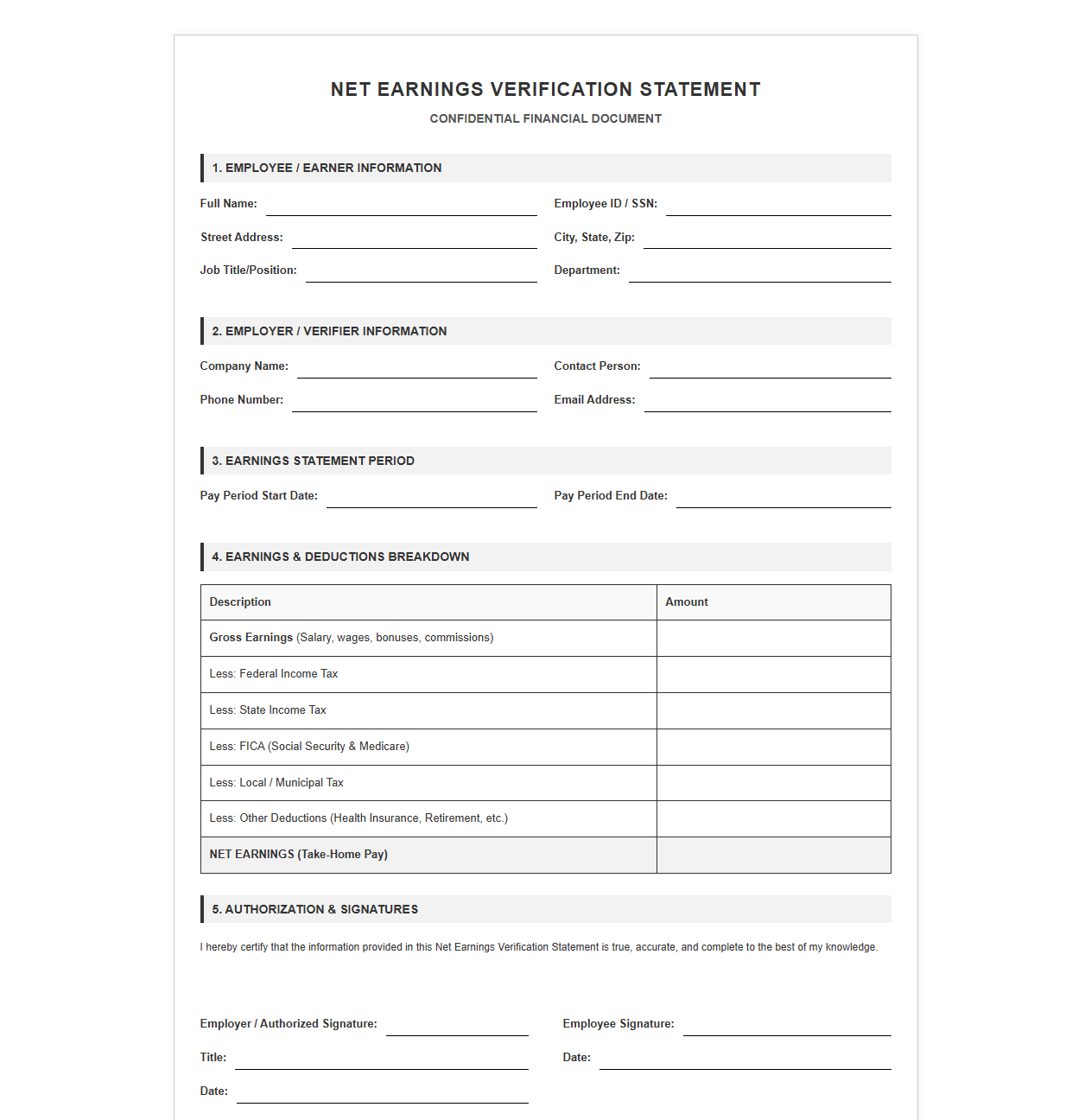 Net Earnings Verification Statement Form