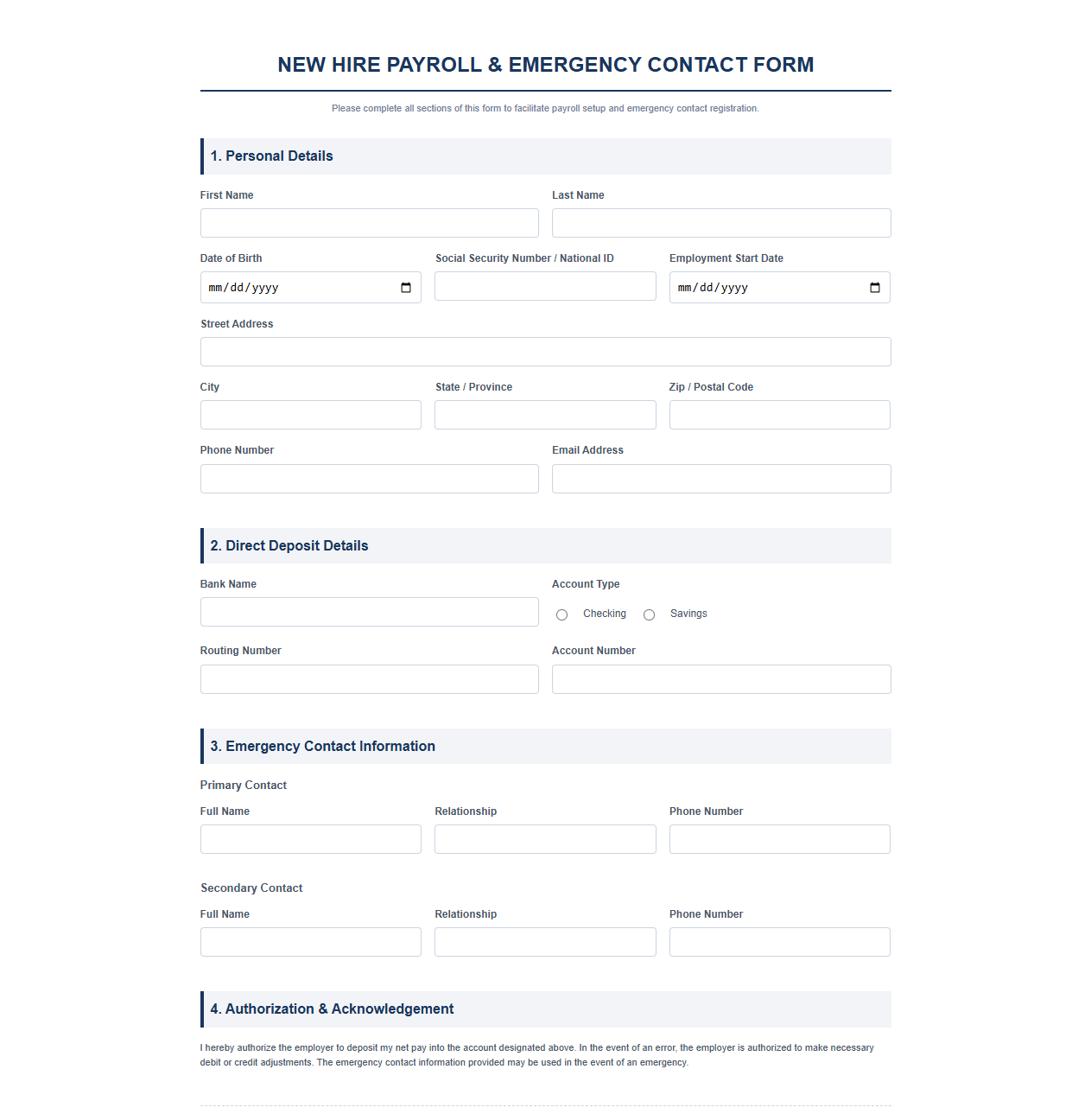 New Hire Payroll Information and Emergency Contacts