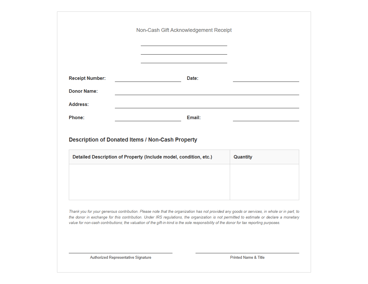 Non-Cash Gift Acknowledgement Receipt