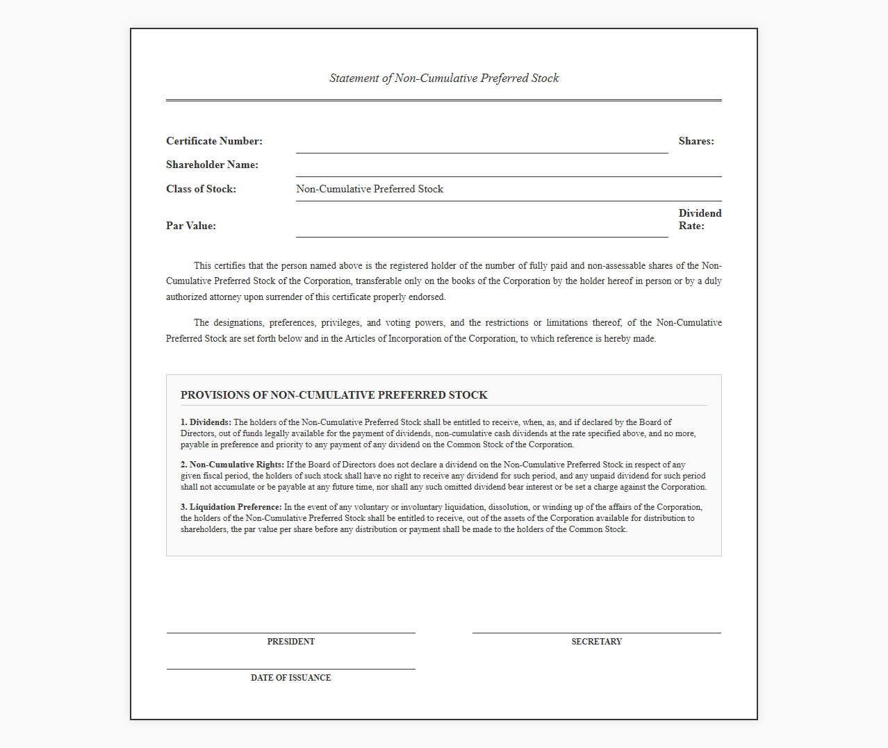 Non Cumulative Preferred Stock Statement Template