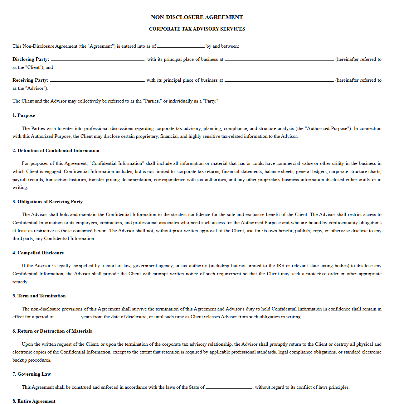 Non-Disclosure Agreement for Corporate Tax Advisory