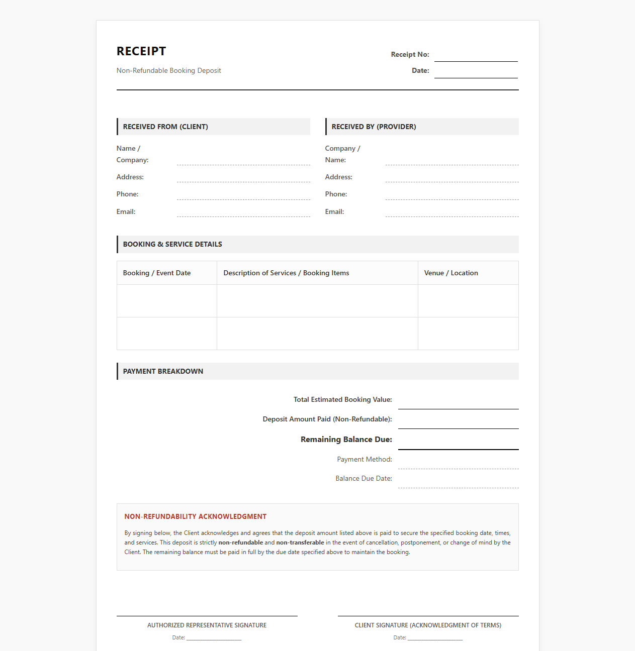 Non-Refundable Booking Deposit Receipt Template