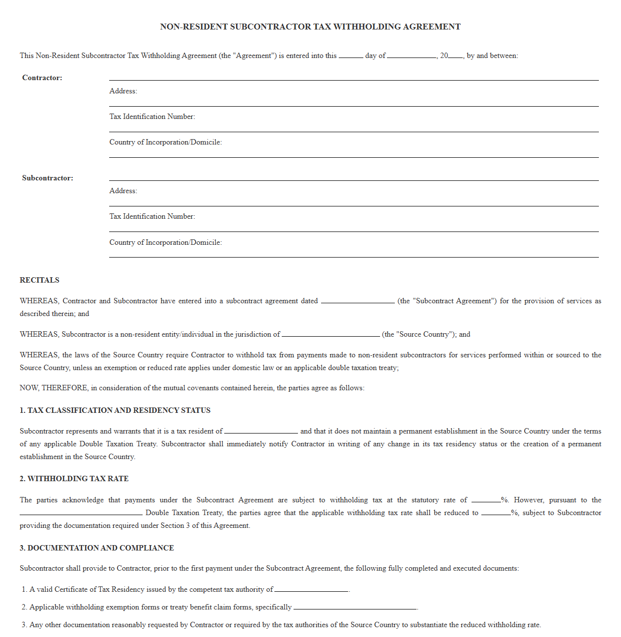 Non-Resident Subcontractor Tax Withholding Agreement