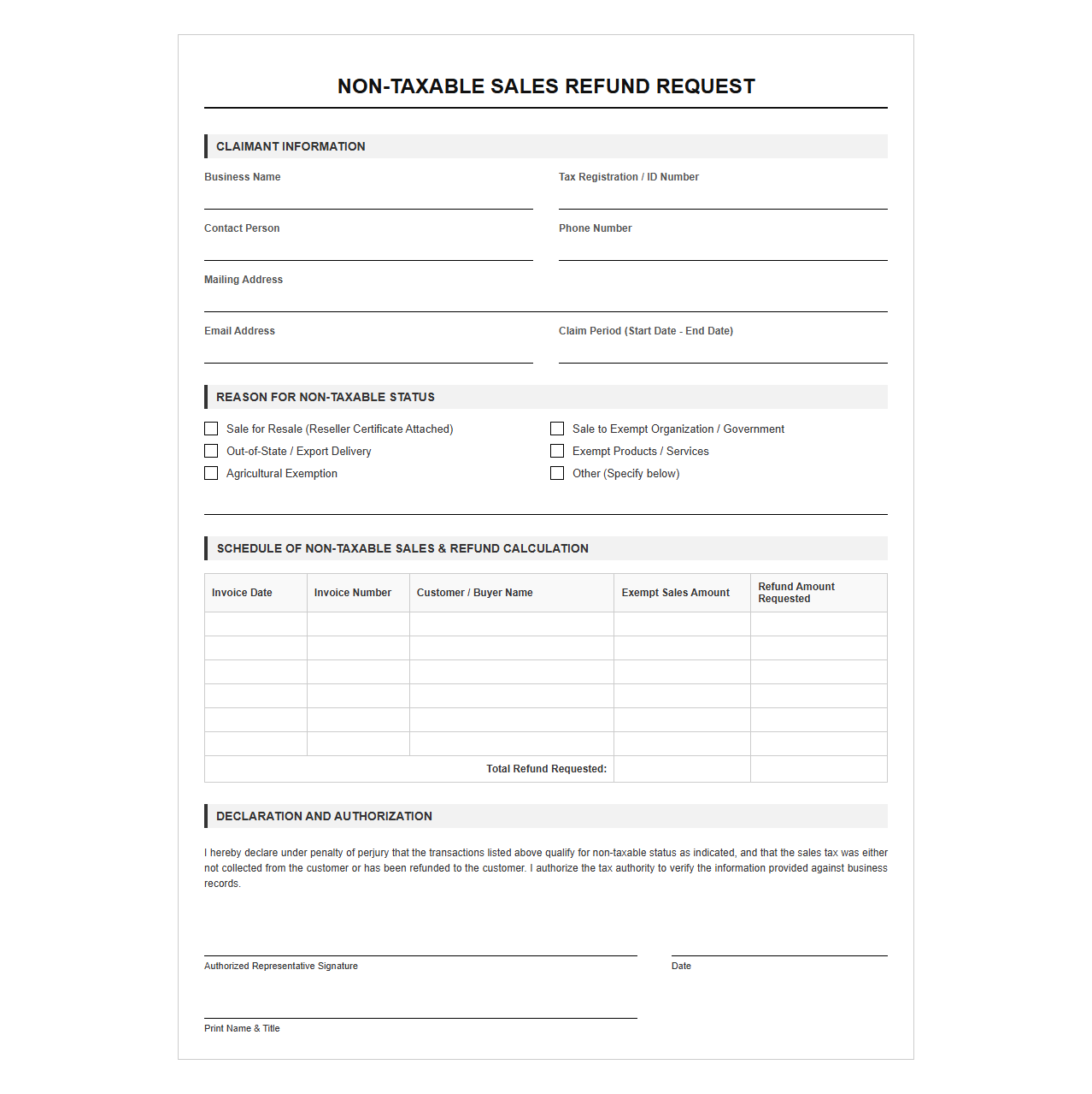 Non-Taxable Sales Refund Request Template