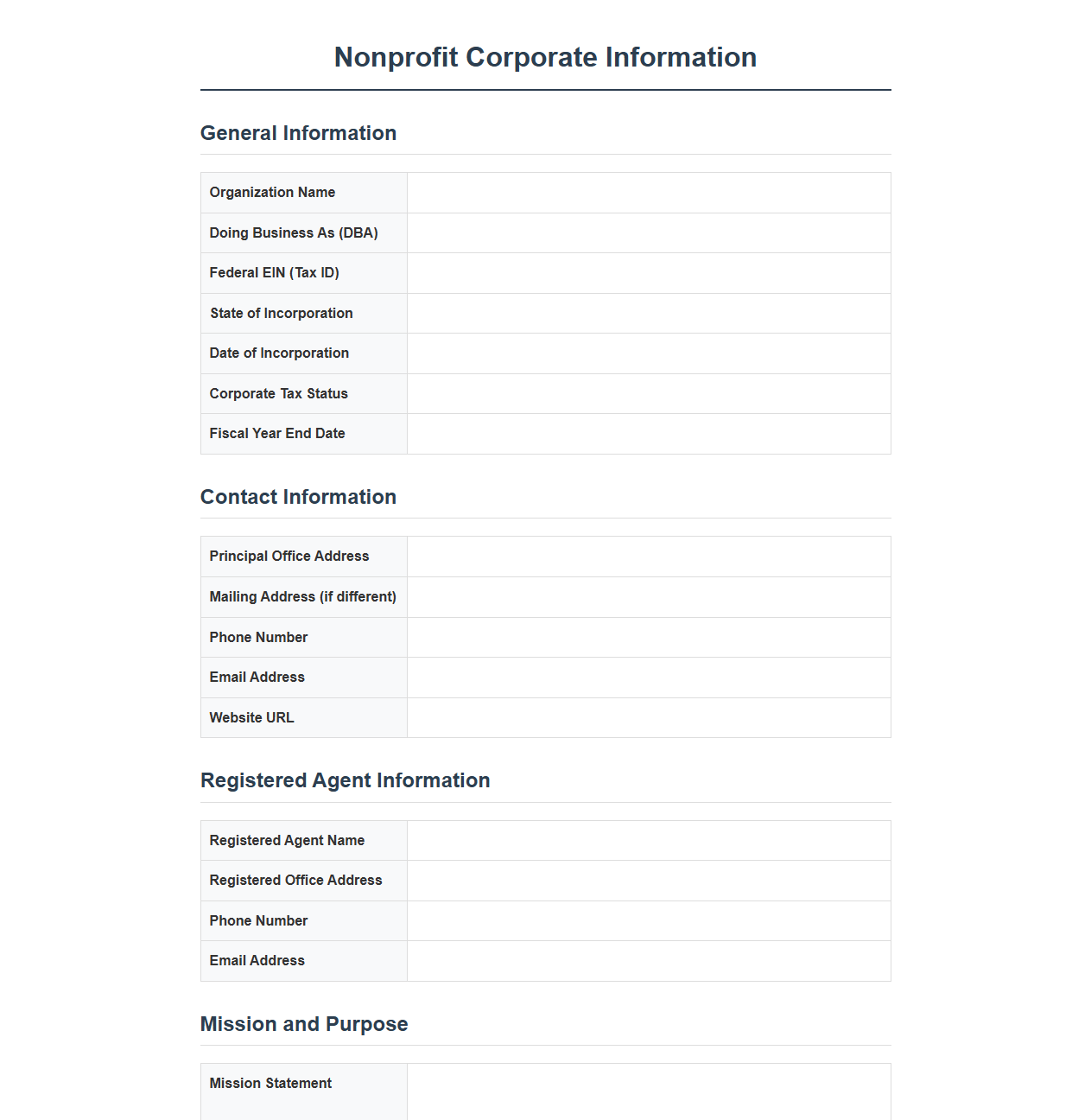 Nonprofit Corporate Information Reporting Template