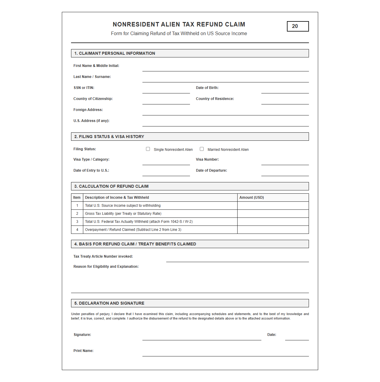 Nonresident Alien Tax Refund Claim Template