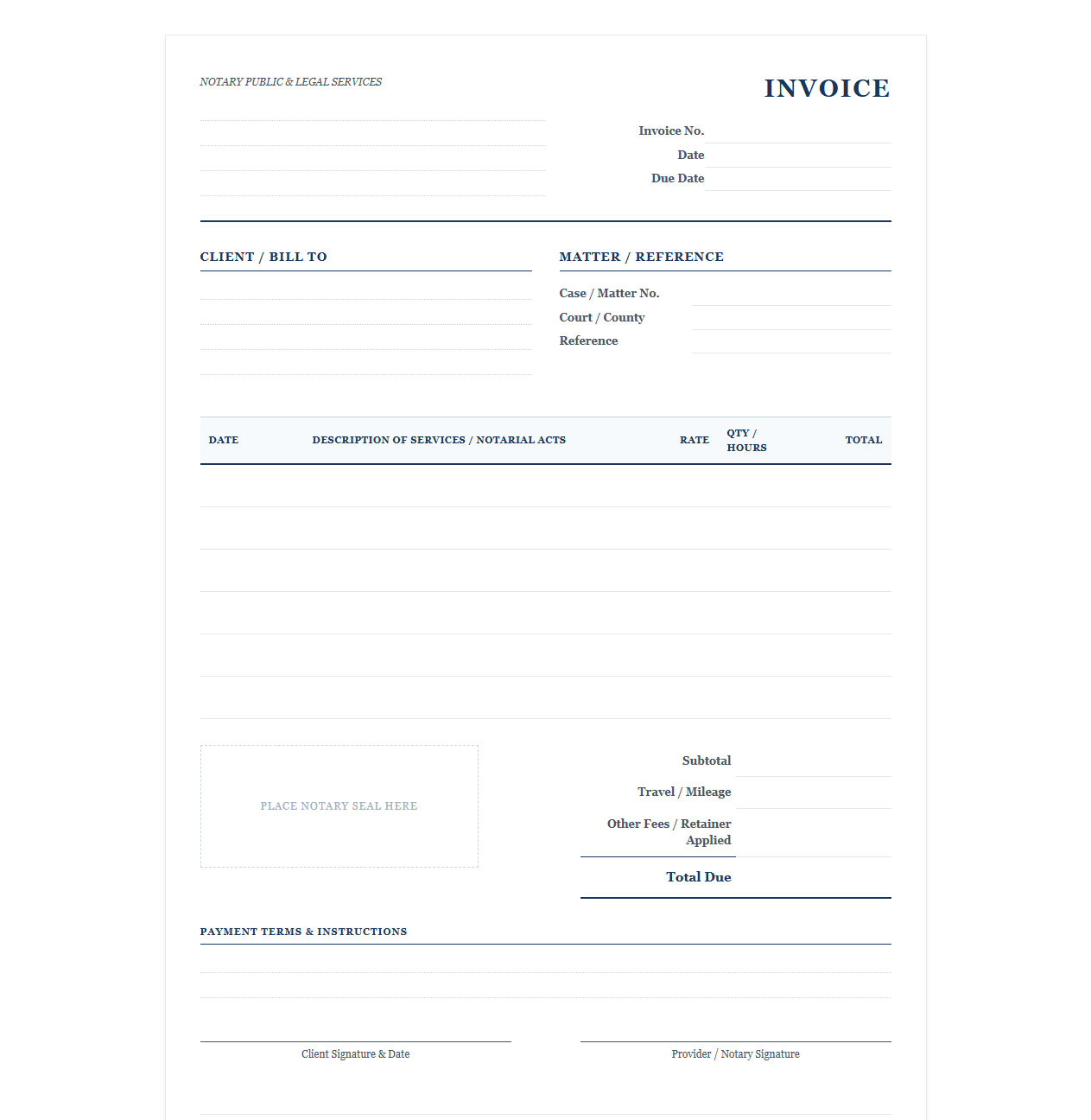 Notary and Legal Services Billing Template