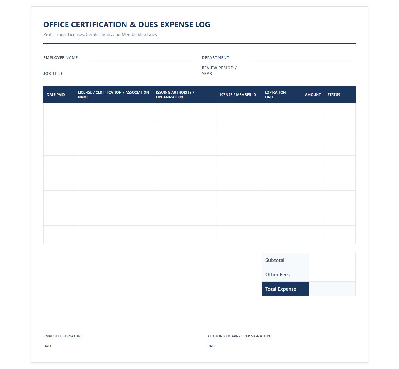 Office Certification and Dues Expense Log