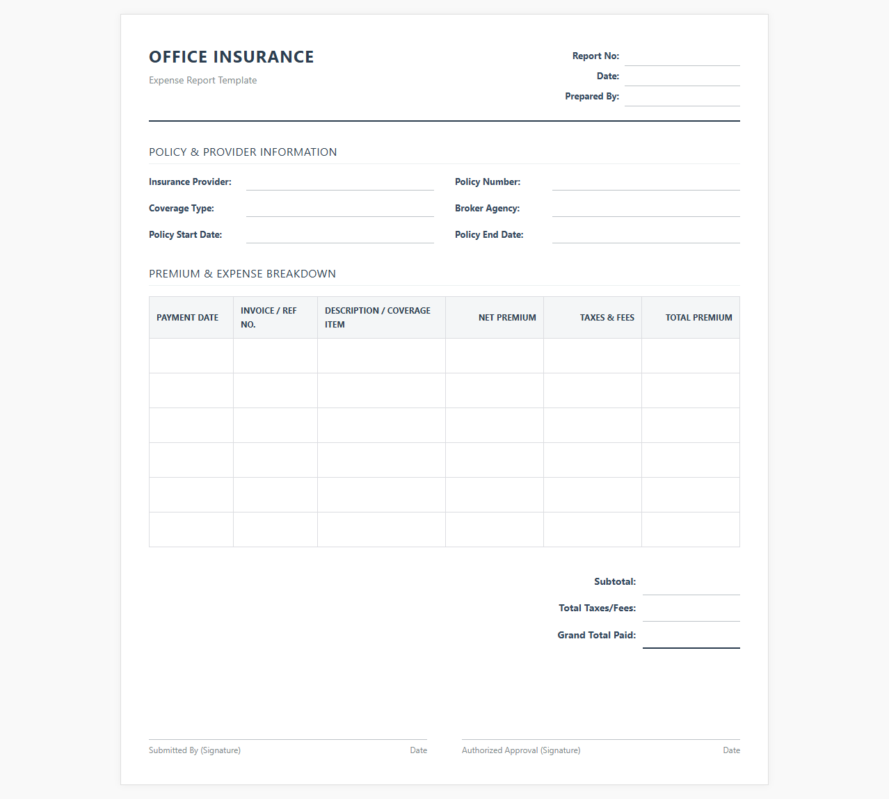 Office Insurance Expense Report Template