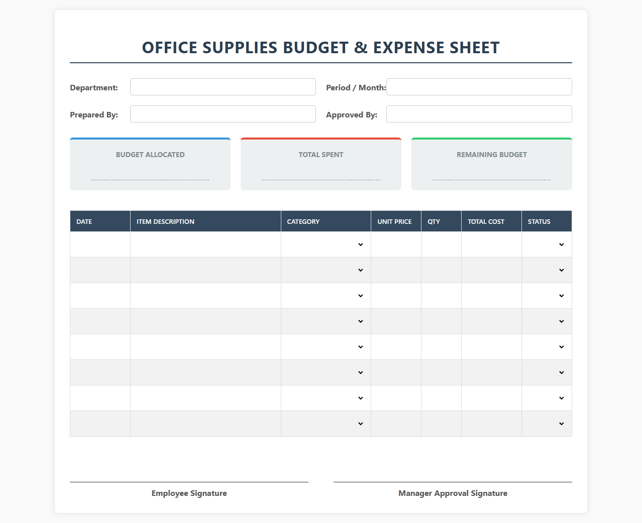 Office Supplies Budget and Expense Sheet