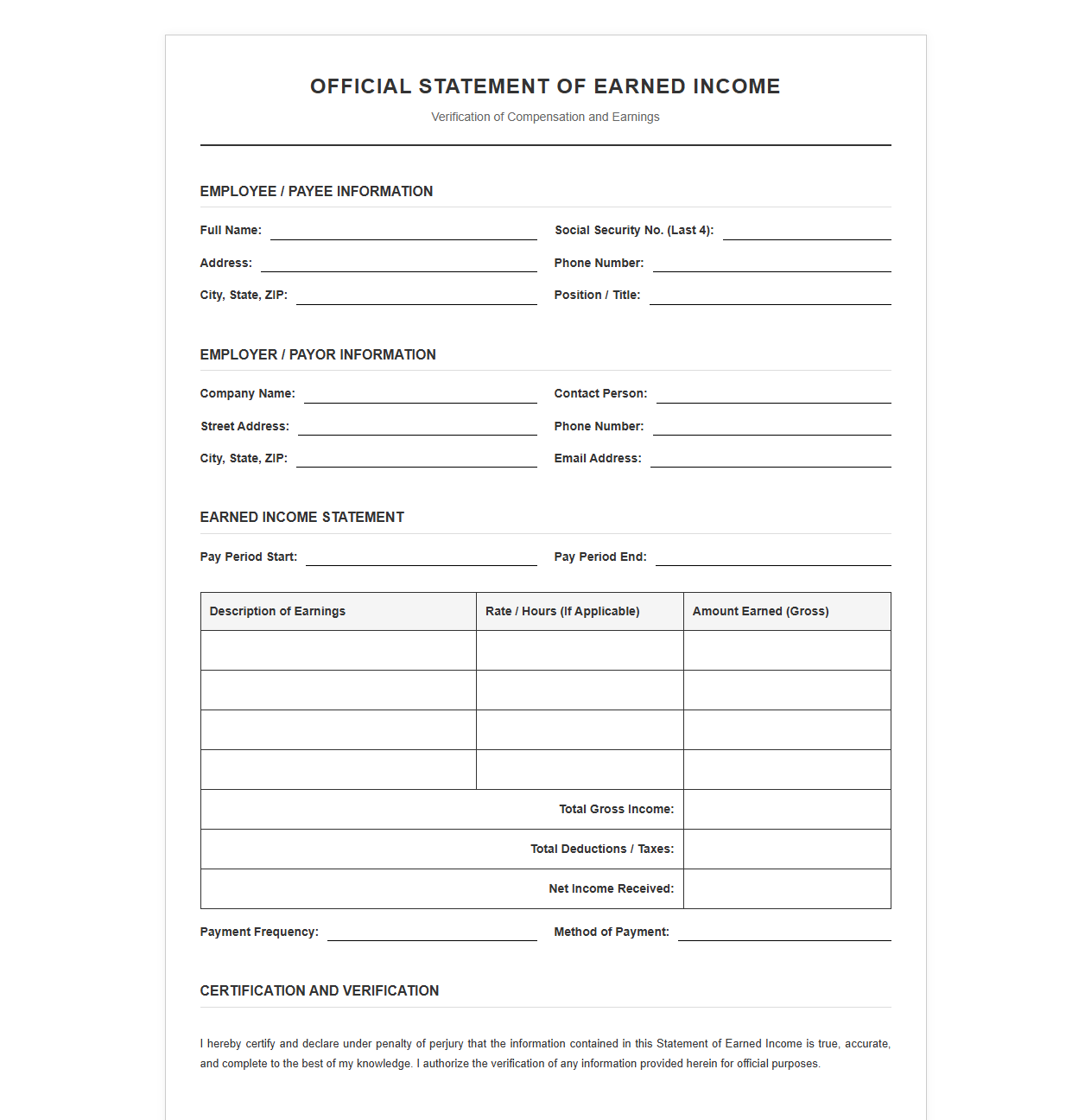 Official Statement of Earned Income