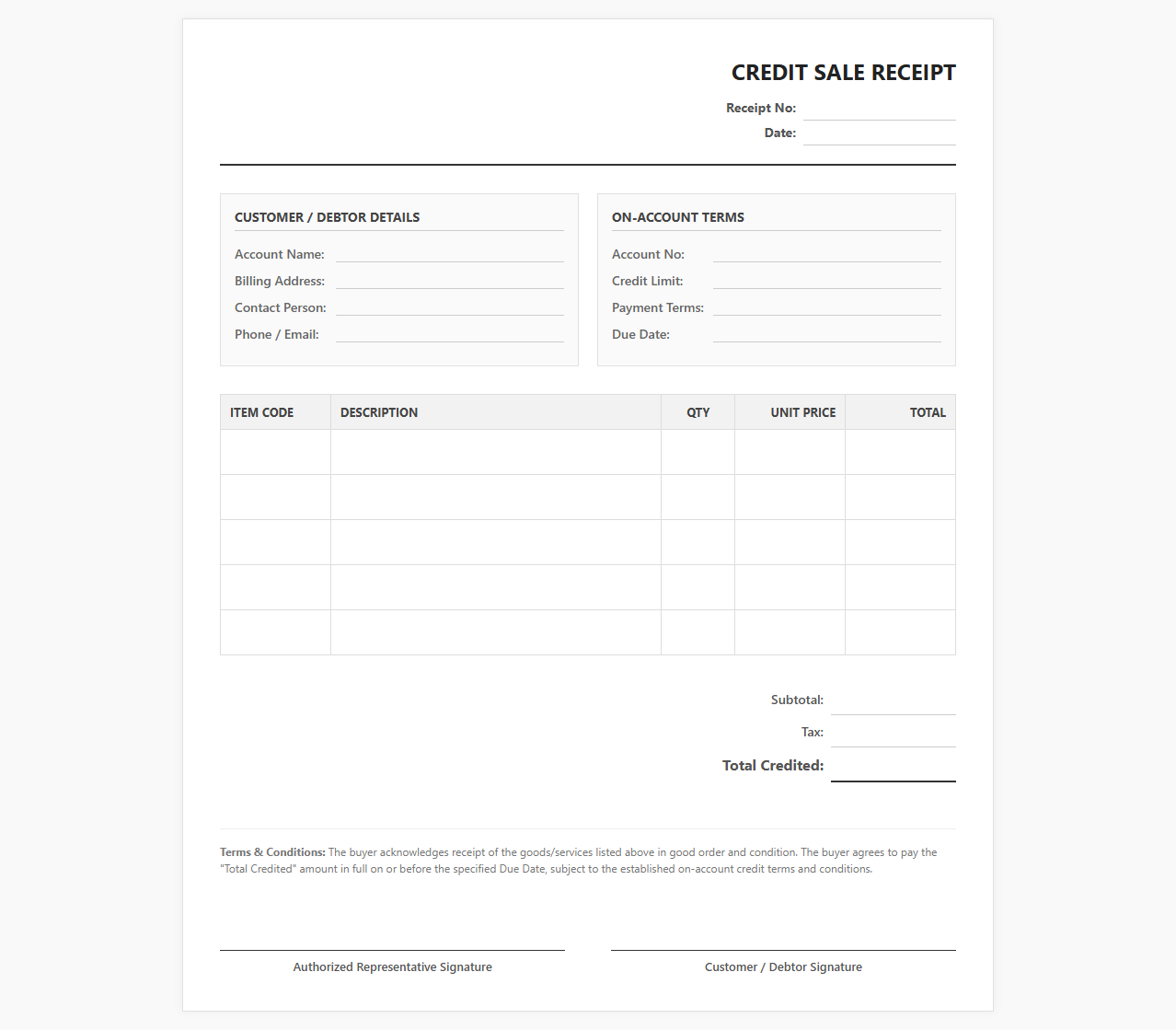 On-Account Sale Receipt Template