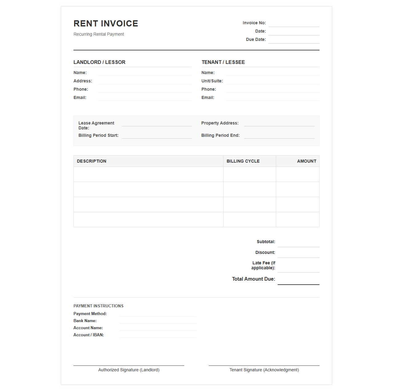 Ongoing Lease Agreement Invoice Template