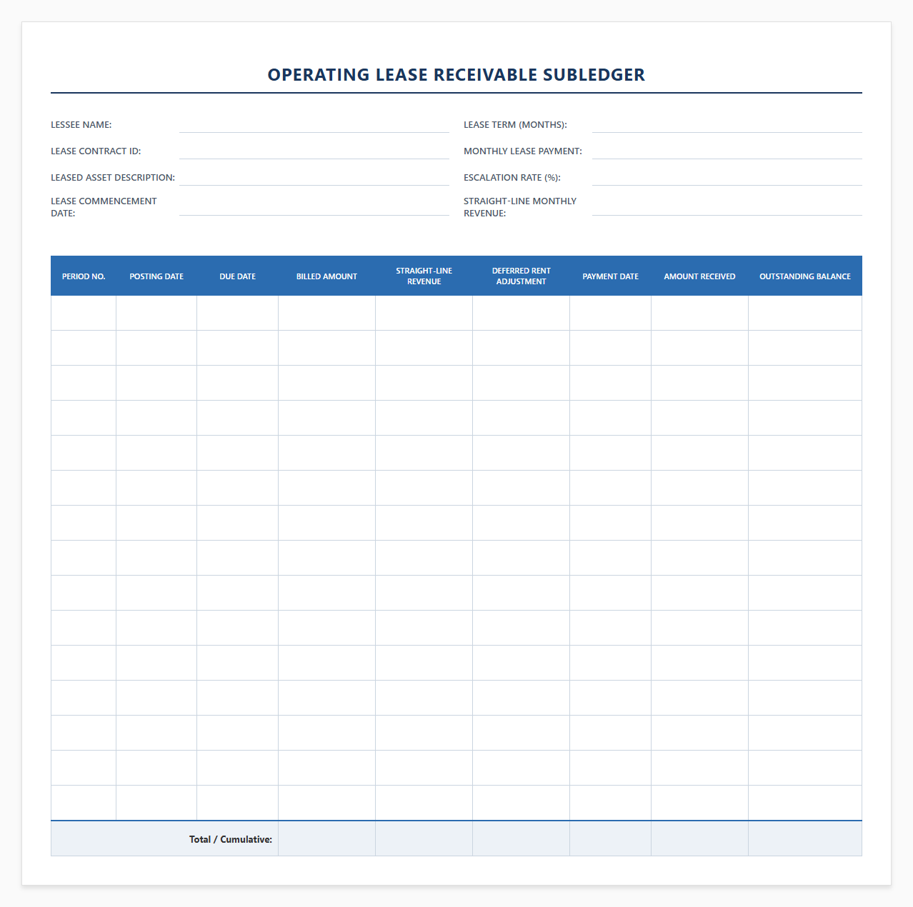 Operating Lease Receivable Subledger Template