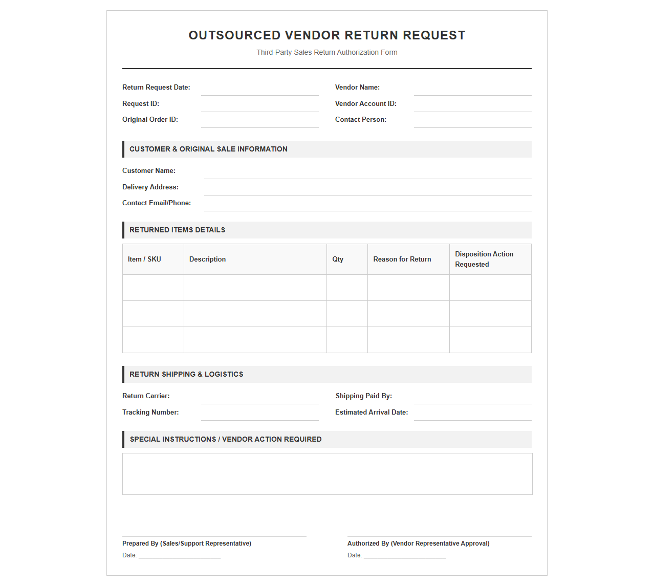 Outsourced Vendor Return Request Template