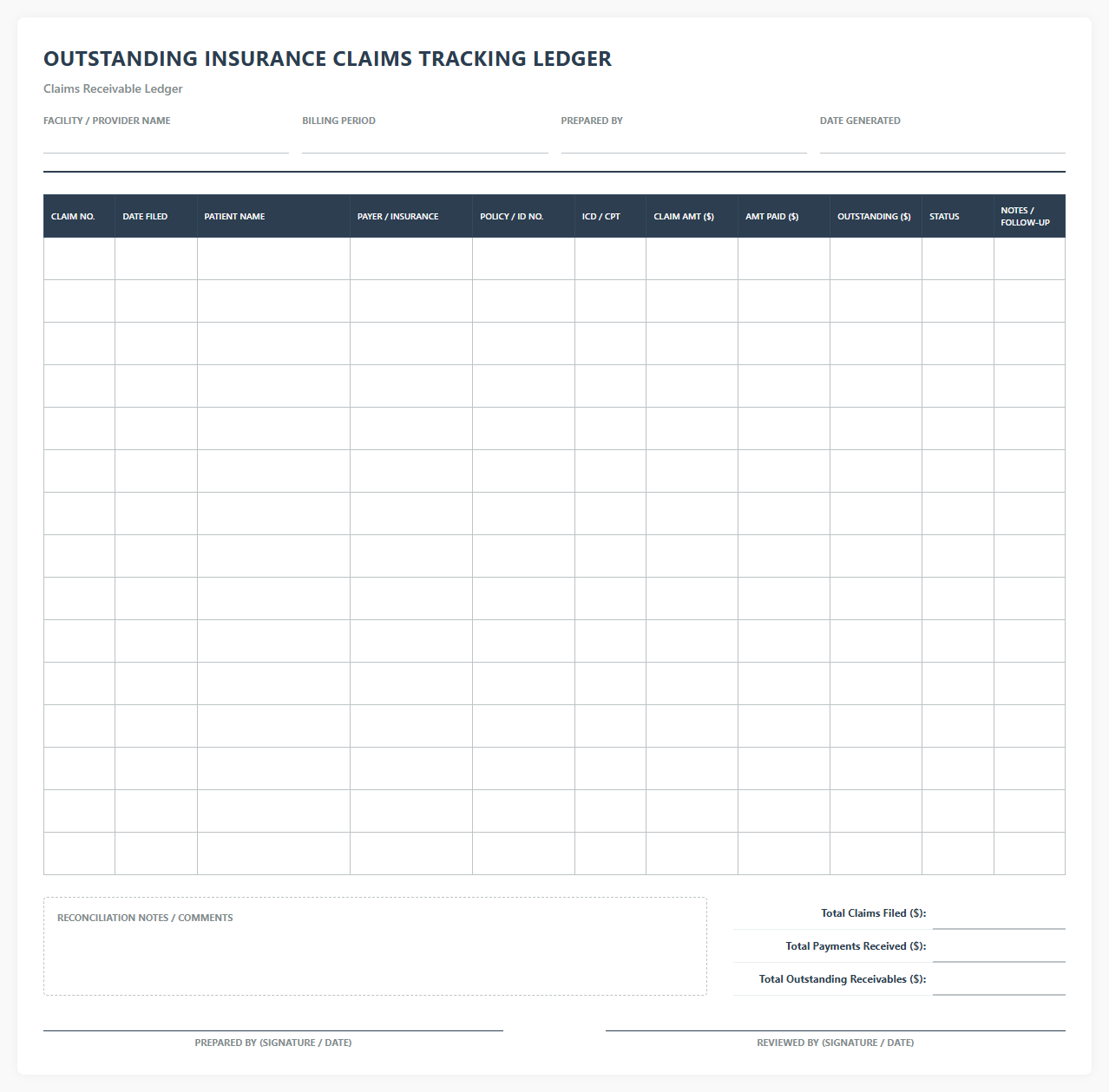 Outstanding Insurance Claims Tracking Ledger