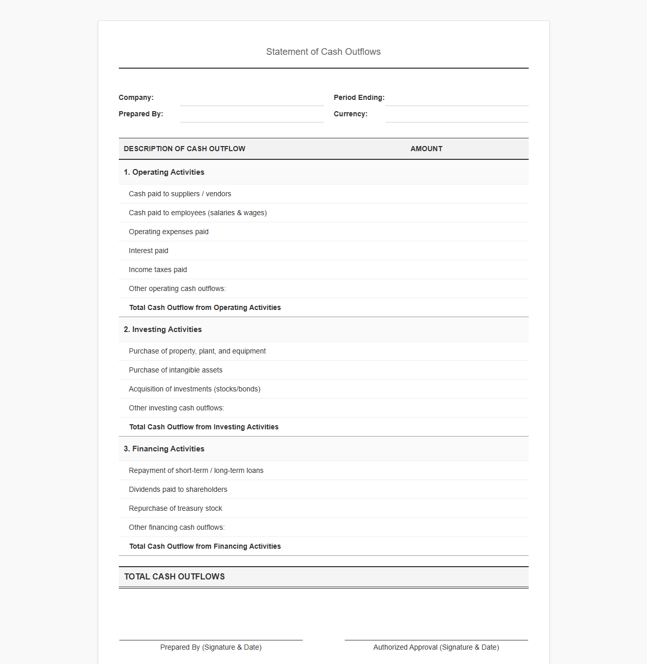 Outward Cash Flow Statement Template