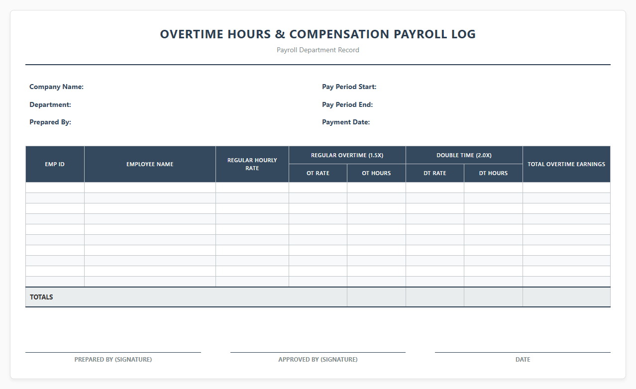 Overtime Hours and Compensation Payroll Log