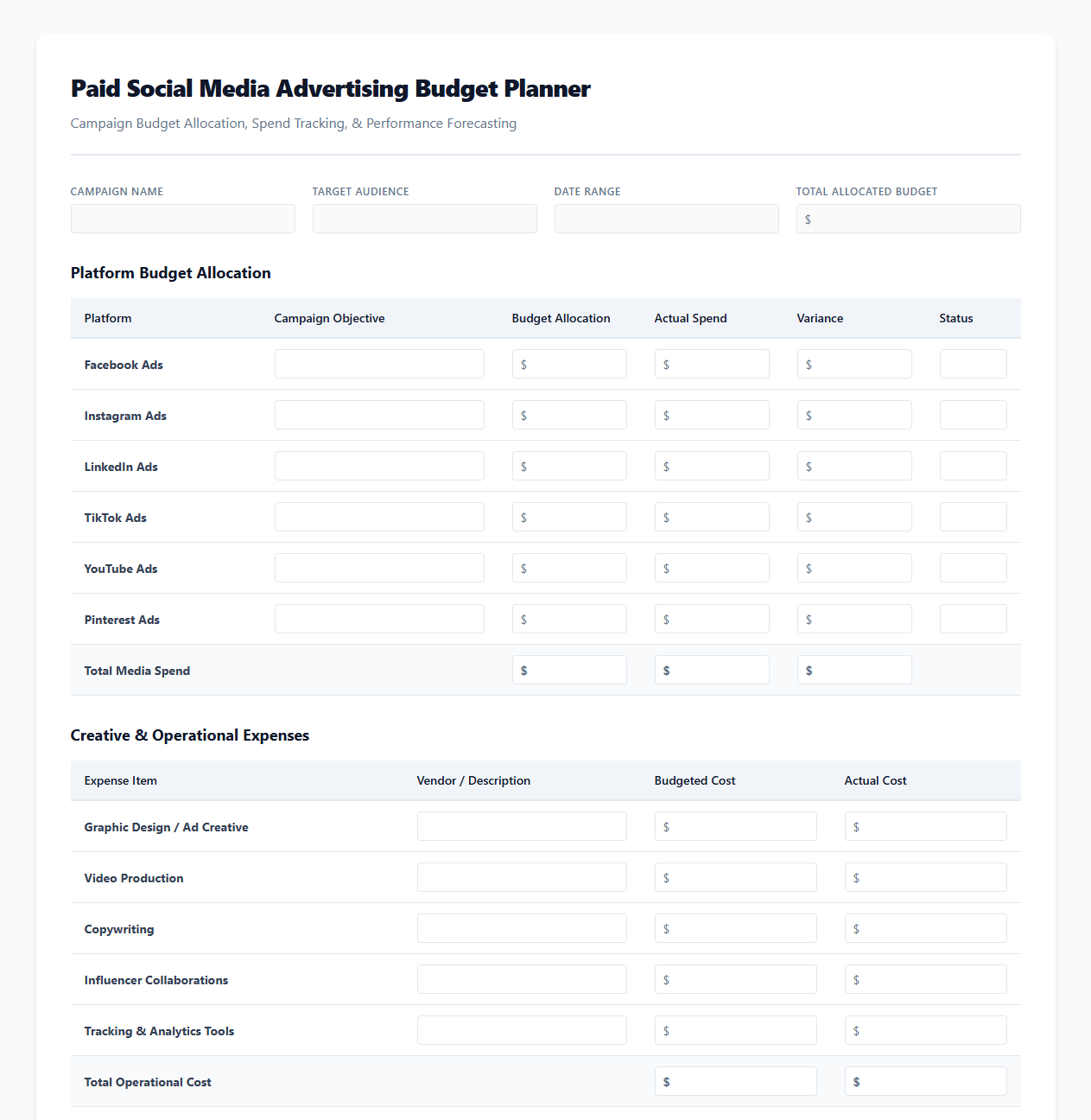 Paid Social Media Advertising Budget Planner