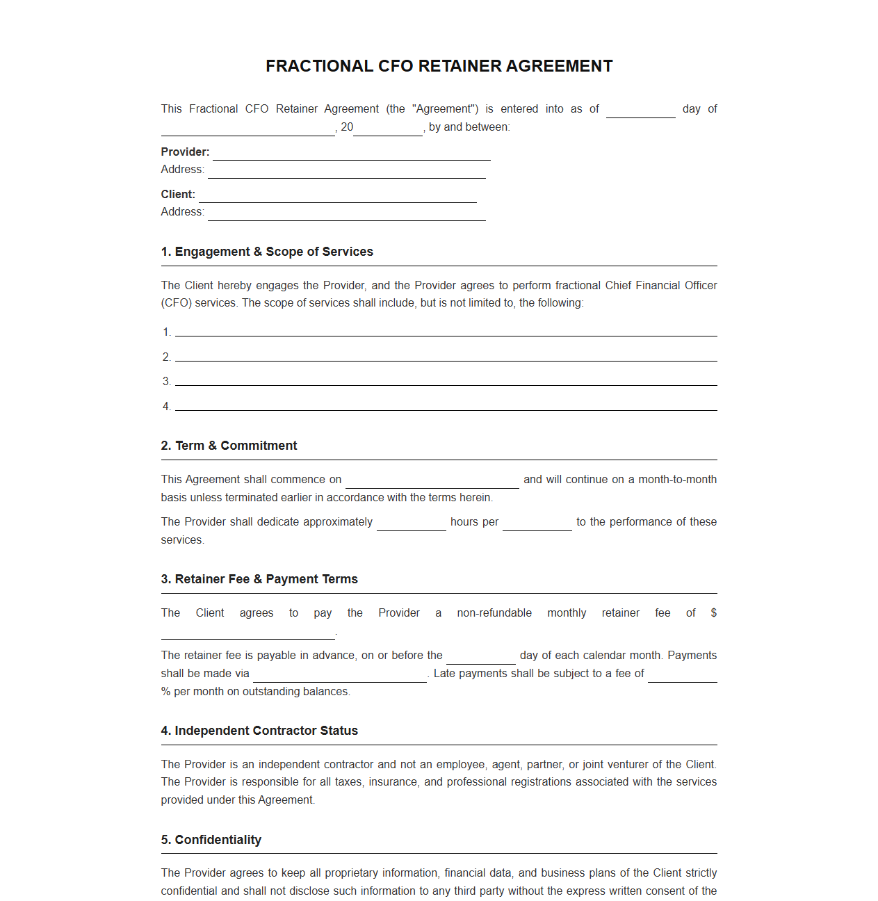 Part-Time CFO Retainer Contract Template
