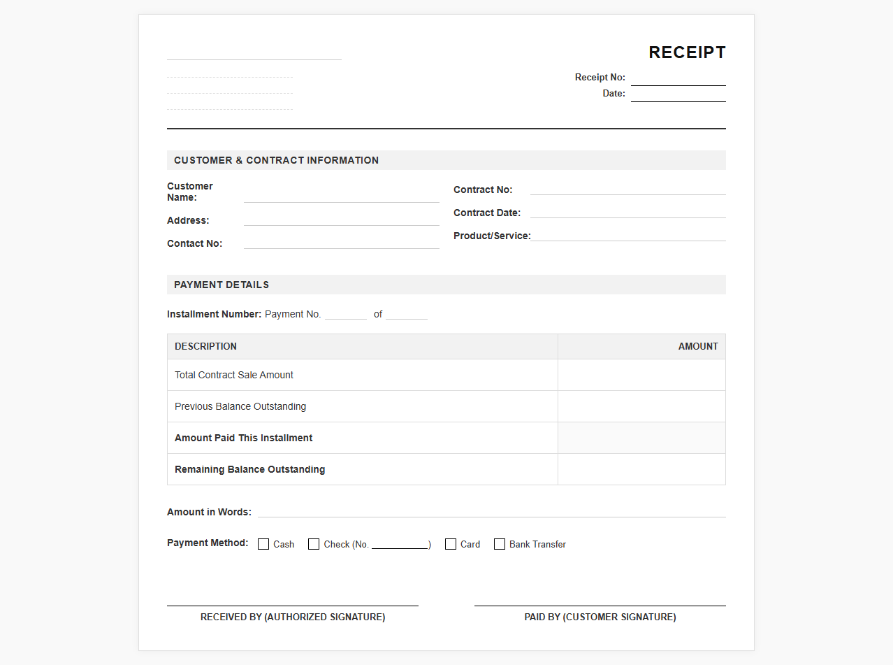 Partial Payment Receipt for Installment Sales