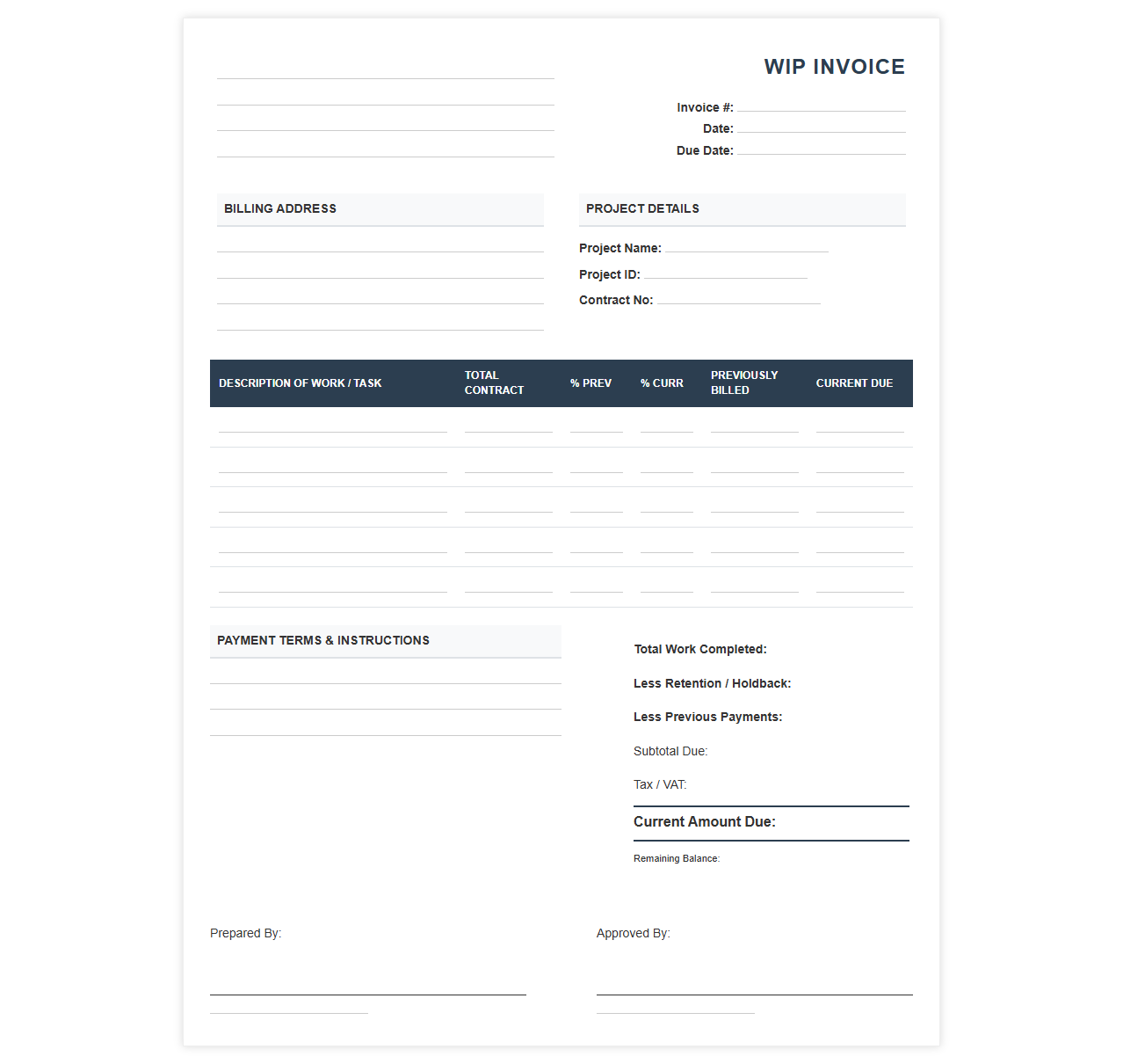 Partial Payment Work in Progress Invoice