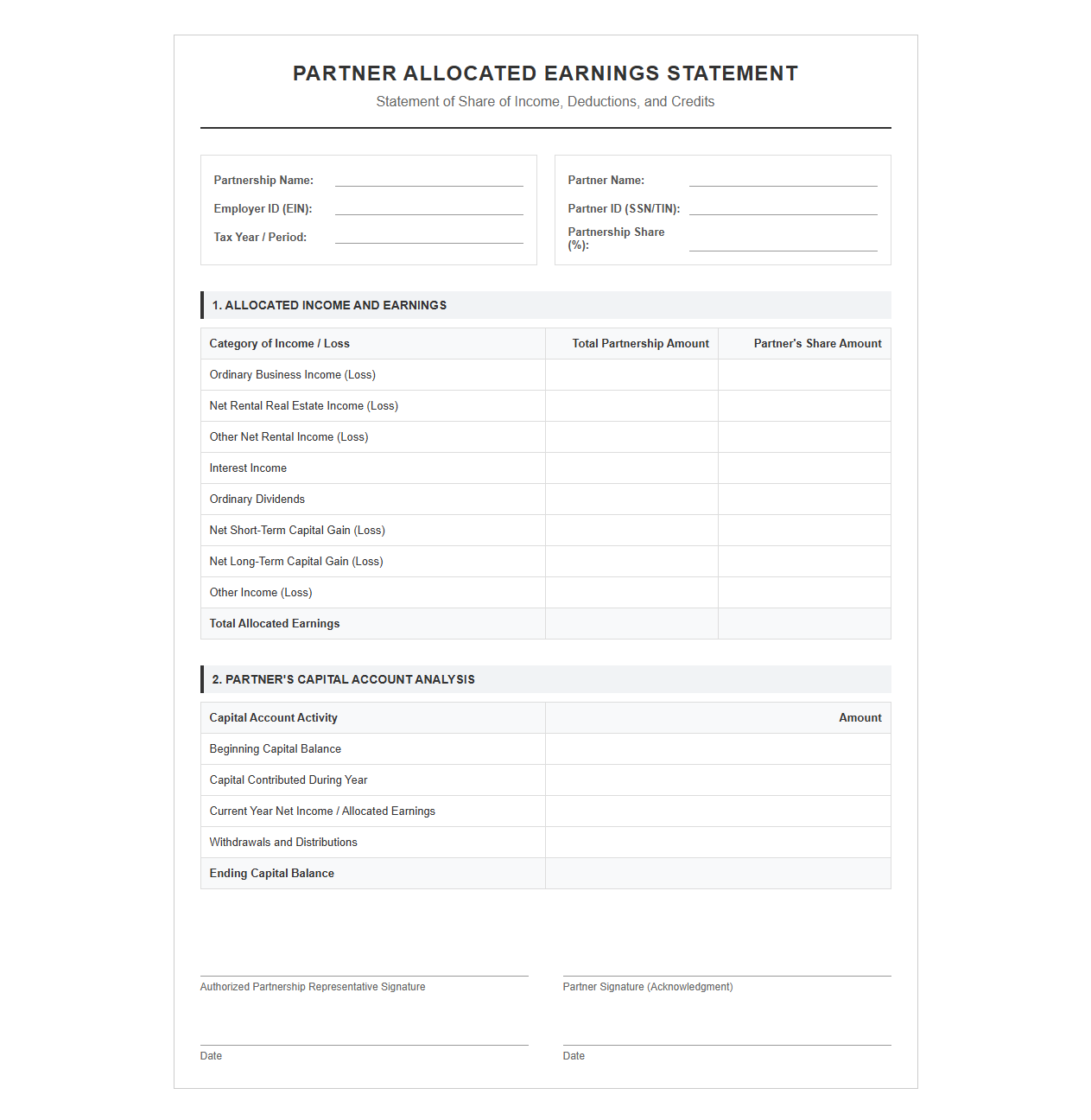 Partner Allocated Earnings Statement Form