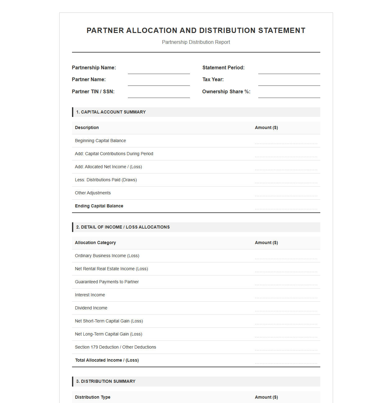 Partner Allocation and Distribution Statement