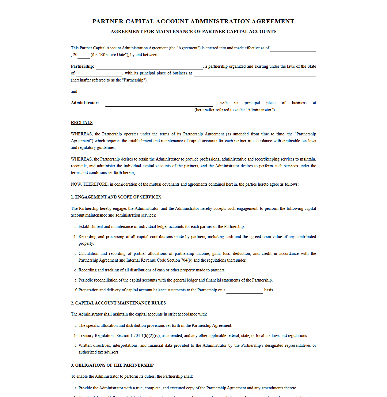 Partner Capital Account Administration Agreement