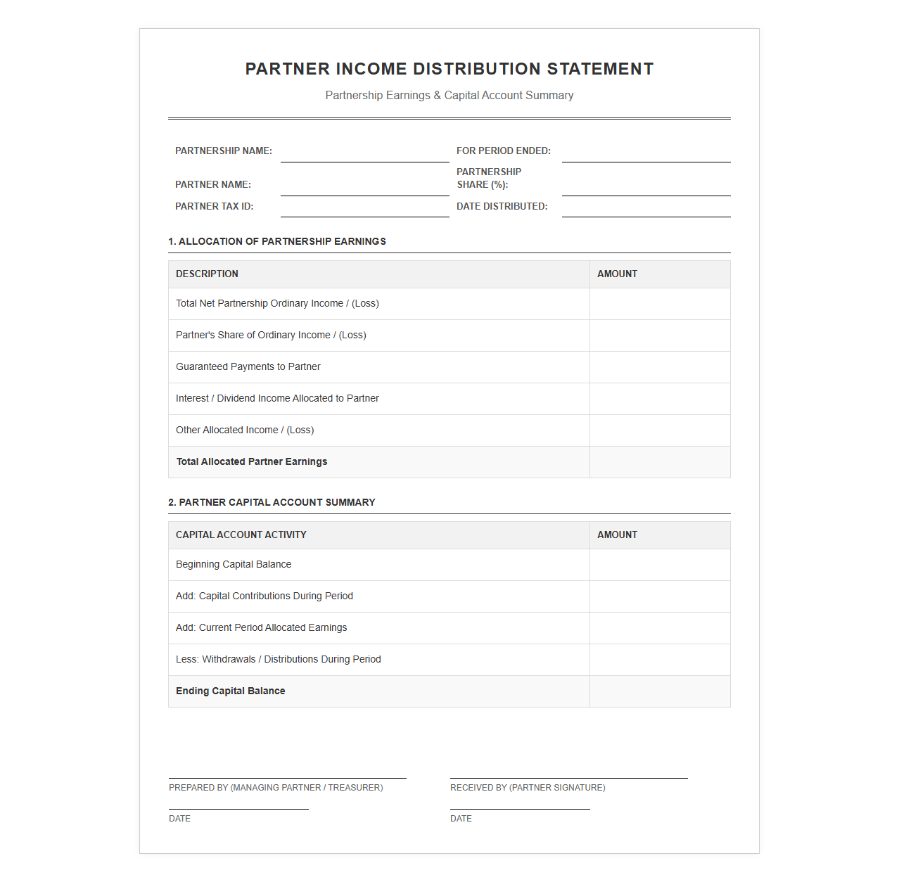 Partner Income Distribution Statement Form