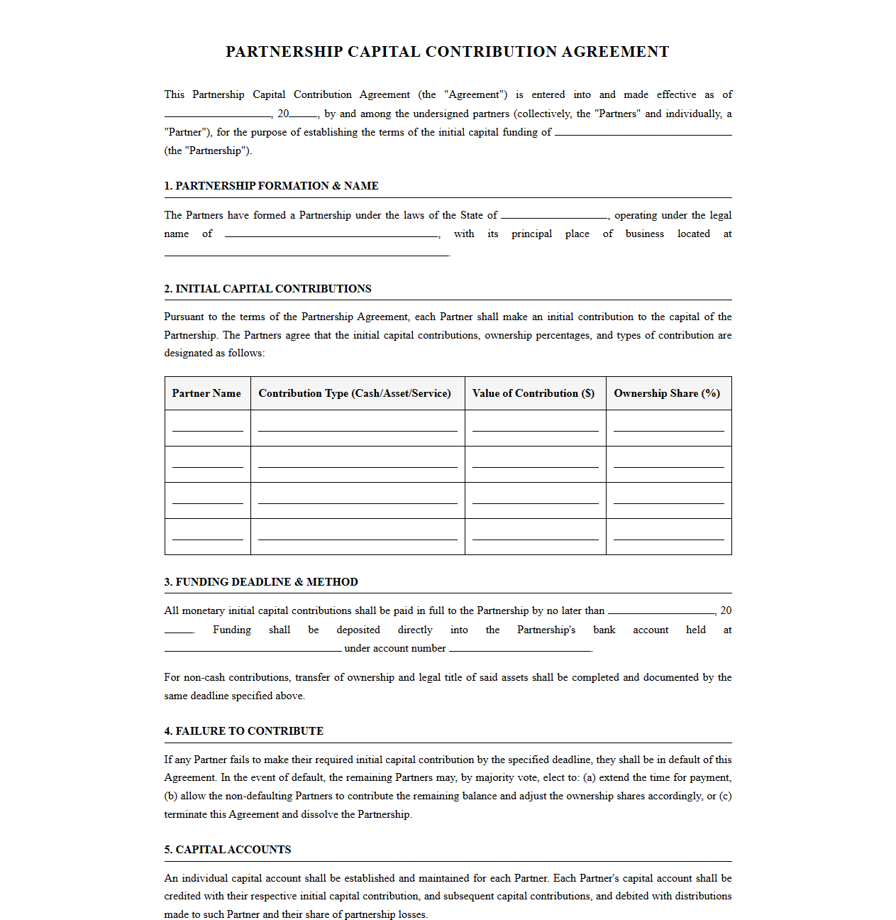 Partnership Initial Capital Funding Contract
